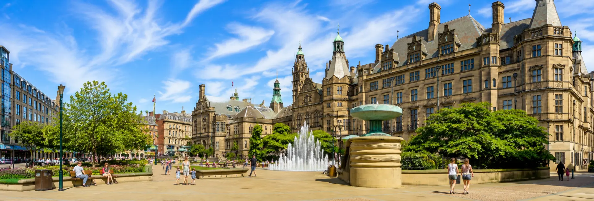 Sheffield, United Kingdom city centre with historic architecture and fountains
