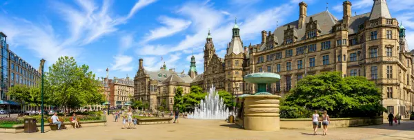 Sheffield, United Kingdom city centre with historic architecture and fountains