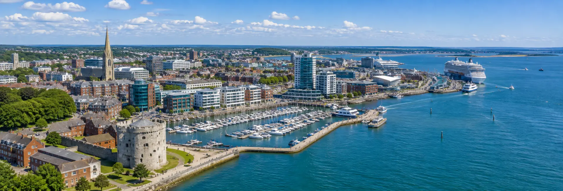 Southampton, United Kingdom skyline, historic waterfront, marina and cruise harbor