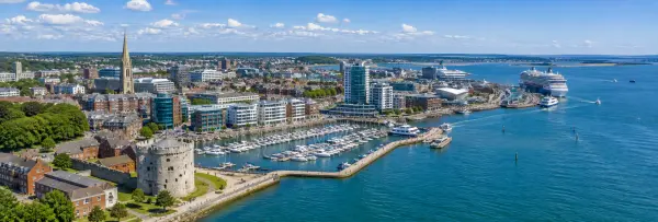 Southampton, United Kingdom skyline, historic waterfront, marina and cruise harbor