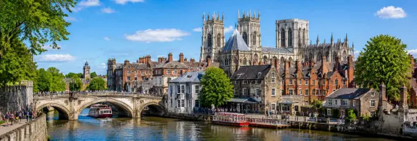 York, UK skyline with York Minster, historic buildings and the River Ouse